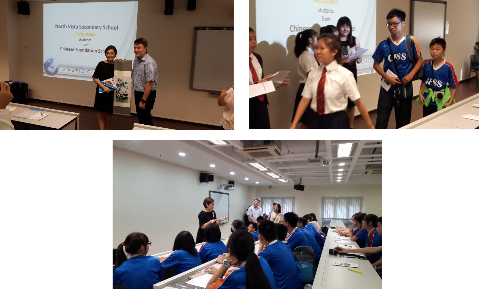 Three scenes of a school welcome event at North Vista Secondary School hosting Chinese Foundation School students.
